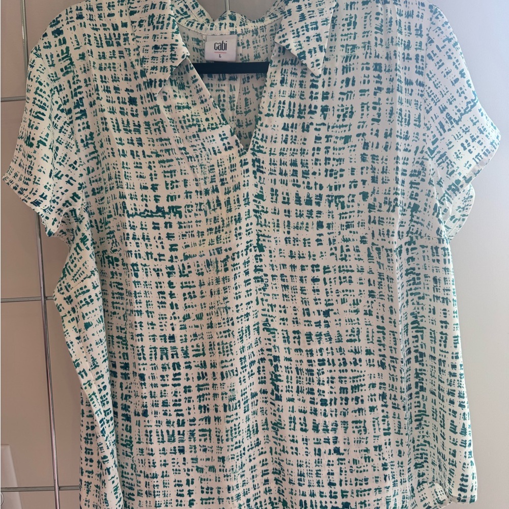 CAbi Green and White Patterned Blouse